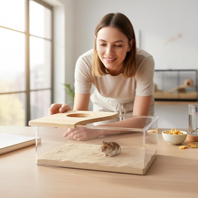 Hamster Sand Box, Wooden Cover Clear Acrylic Hamster Dig Box for Small Pets - Saves Space, Easy to Clean, Stable Container for Hamsters, Gerbils, Mice, Indoor Use