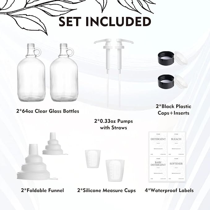 2 Pcs Glass Laundry Detergent Dispenser, Half Gallon Liquid Laundry Soap Dispenser for Laundry Room (64 oz. Each), Laundry Detergent Bottles with Pump Dispenser -Includes Labels, Funnel, Measuring Cup