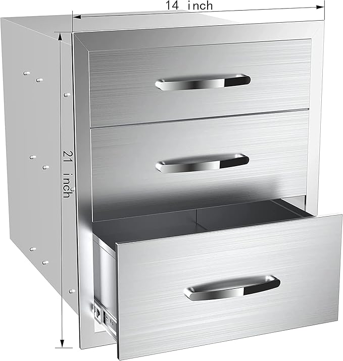 Outdoor Kitchen Drawers Stainless Steel 14W X 21H X 23D Inch, Flush Mount Triple BBQ Island Drawers with Handle for Outdoor Kitchens, Patio or Grill Station
