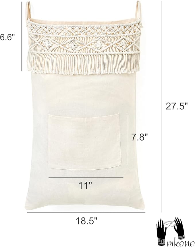 Mkono Macrame Hanging Laundry Hamper Bag Over The Door Organizer Laundry Bag Boho Decor Hanging Clothes Hamper for College Dorm Room Bathroom Home Travel Space Saving