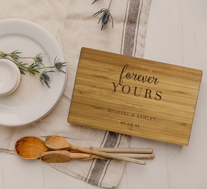 Andaz Press Personalized Laser Engraved Small Bamboo Wood Cutting Board, 9.5 x 6-inch, Forever Yours Bride Groom Names Date, Custom