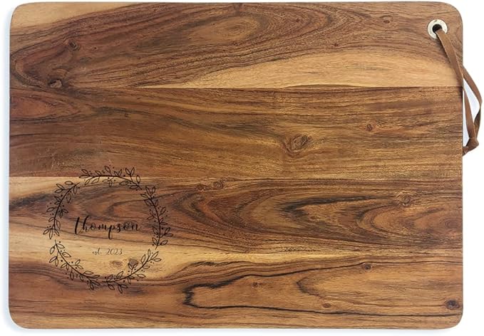 Personalized Acacia Cutting Board with Engraved Family Name Wreath, Custom Wedding, Anniversary, or Housewarming Gift