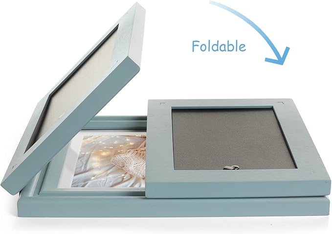 3 Vertical Horizontal Hinged Wood Picture Frame 4x6 and 5x7 Triple Folding Photo Frame Home Decor with Real Glass Front in Teal Blue for Tabletop, Display 4x6 with Mat or 5x7 without Mat