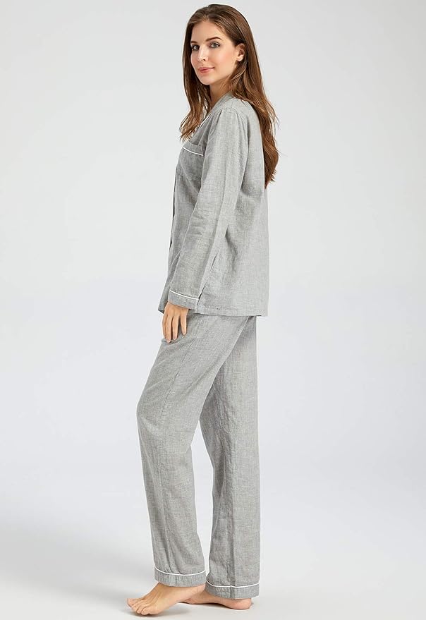 Womens Pajama Sets 100% Double Gauze Cotton Linen Like Muslin Pajamas Long Sleeve Button Down Sleepwear Soft Pjs Lounge Set