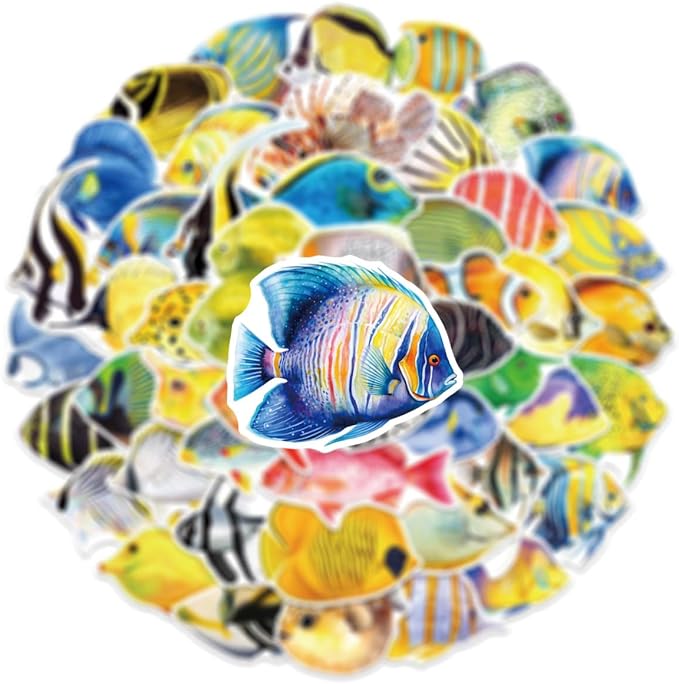 50PCS Fish Stickers, Cute Marine Organism Stickers for Kids Teens Adults, Vinyl Cartoon Colorful Saltwater Fish Decals Kawaii Marine Fish Sticker for Decor Water Bottles Laptops Guitar Scrapbook