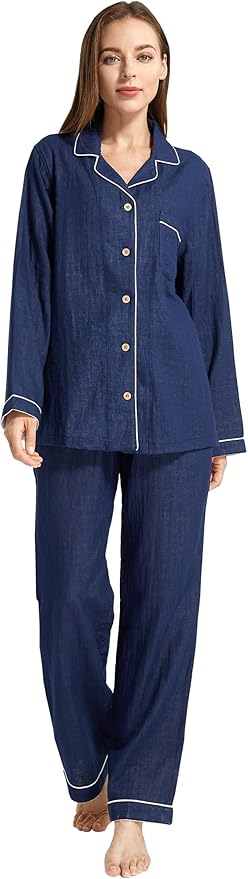 Womens Pajama Sets 100% Double Gauze Cotton Linen Like Muslin Pajamas Long Sleeve Button Down Sleepwear Soft Pjs Lounge Set