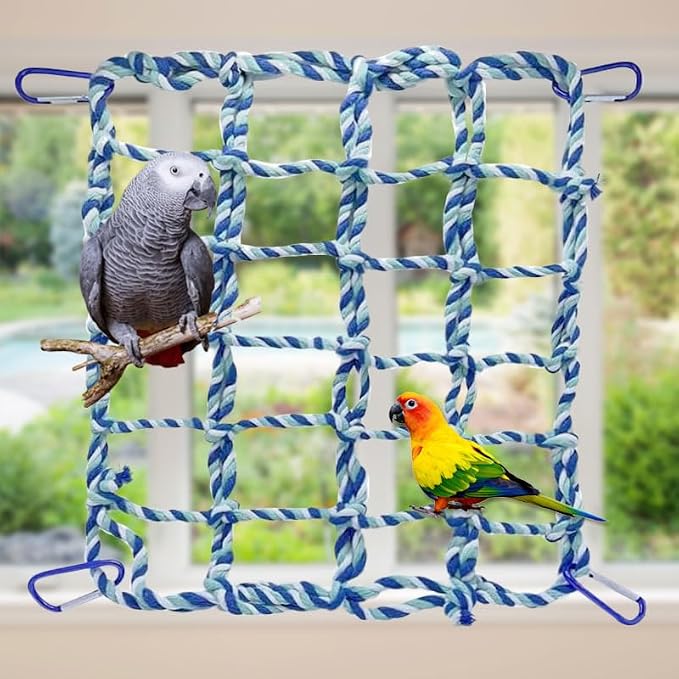 2 Pcs Rat Climbing Ropes for Cage - Rat Accessories - 12.6 x 9.84 inch Hammock - Cotton Rope Bridge - Bird Ladder with 4 Silver Hooks (Blue)