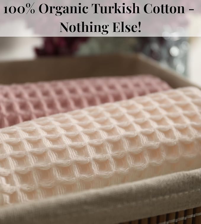 DEMMEX Organic Cotton Waffle Weave Turkish Towel Set for Bathroom, 1 Bath & 2 Large Hand Towels, 100% Oeko-TEX Certified Premium Turkish Cotton, Super Soft Lightweight Quick Dry (Blush Pink)