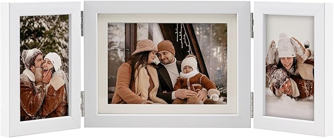 Hinged Tri-Fold 4x6 & 6x8 Picture Frame with Tempered Glass-Tabletop or Wall Mounted Display for Two 4x6 & One 5x7/6x8 Photos (with/without Mat)-Matte White-B467546