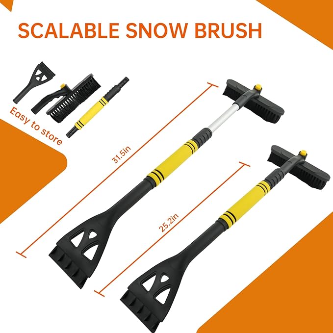 34" Extendable Ice Scraper and Snow Brush for Car Windshield, 360° Rotating (R001)