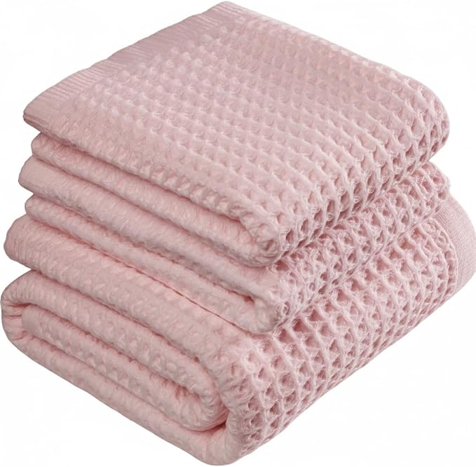 DEMMEX Organic Cotton Waffle Weave Turkish Towel Set for Bathroom, 1 Bath & 2 Large Hand Towels, 100% Oeko-TEX Certified Premium Turkish Cotton, Super Soft Lightweight Quick Dry (Blush Pink)