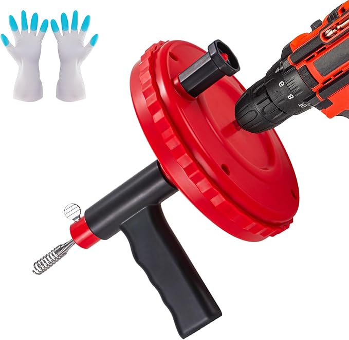 Drain Auger, Plumbing Snake with Drill Adapter, Drain Snake Clog Removal Tool Use Manually or Powered for Kitchen Bathroom Shower Sink, Come with Gloves(10ft/3M-Red)