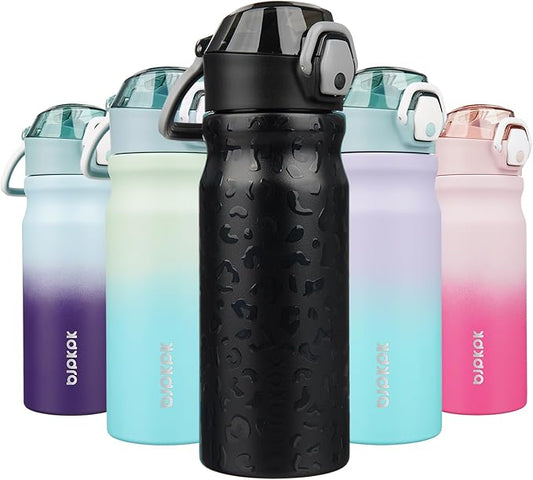 BJPKPK 18oz Insulated Water Bottle with Straw Stainless Steel Double Wall Water Bottles BPA Free Leak Proof Thermal Flask with Lockable Flip Lid and Soft Silicone Spout,Black Leopard