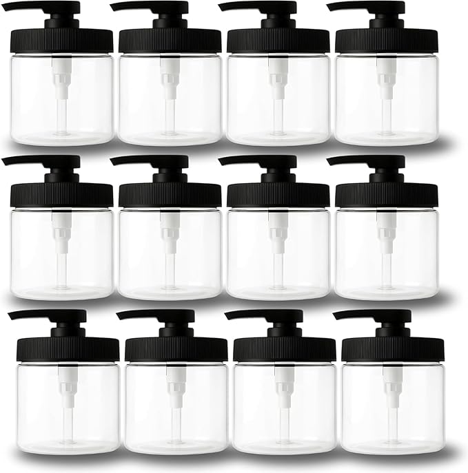 Royal Massage 16oz Refillable Pump Jar with Locking Dip Tube Dispenser – BPA-Free Plastic Container for Massage Oils, Lotions, Creams – Ribbed Lid Wide-Mouth Jar – Durable & Reusable (Clear/Black, 12)