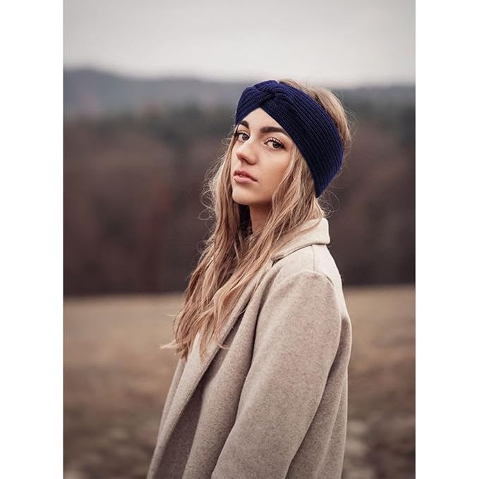 AQOKKA Knit Winter Headbands for Women Fuzzy Wool Fleece Lined Ear Warmers Elastic Turban Crocheted Head Wrap Winter Accessories for Women Cold Weather