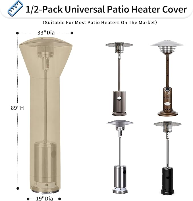 OutdoorLines Waterproof Outdoor Patio Heater Covers with Zipper and Storage Bag, Dust-proof UV-Resistant Windproof Propane Heavy Duty Heater Cover for Standing Heater, 1 Pack-89Hx33Dx19B inch Camel