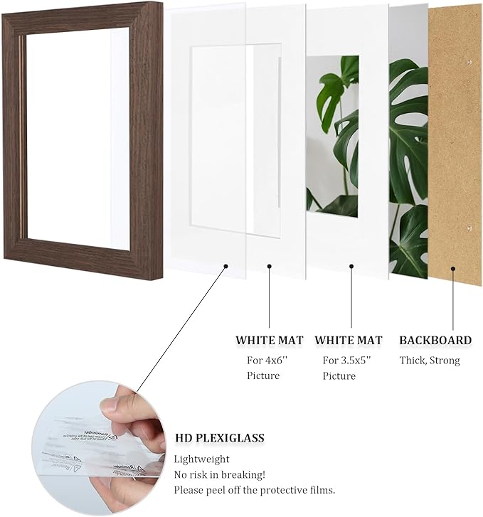 Egofine 4x6 Picture Frames Set of 4, Made of Solid Wood Covered by Plexiglass 3.5x5 with Mat or 4x6 without Mat, for Table Top Display and Wall Mounting Photo Frame Brown