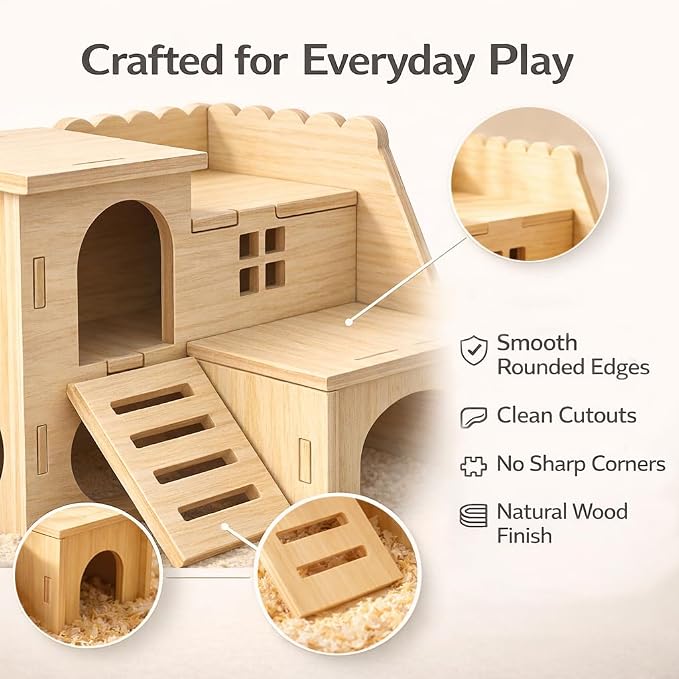Tiny Hamster Maze Wood House Fun Slide House Double-Decker Hut for Dwarf Gerbil Mouse Mice Rat Small Animals(Only for Small Hamster)