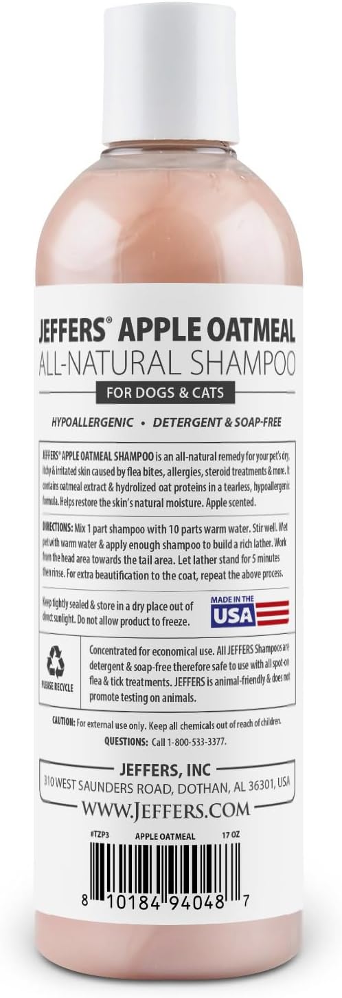 Jeffers Pet Apple Oatmeal Shampoo for Dogs & Cats, 17 oz - Gentle Coconut Based Formula w/Colloidal Oat Protein, Soap Free, Deodorizing Apple Scent, Sensitive Skin, Puppies Kittens Grooming Care