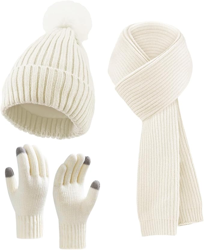 Winter Beanie Hat Scarf Gloves Set for Women, Fleece Knit Pompom Beanie Neck Warmer Long Scarf Touchscreen Gloves 3 in 1 Set