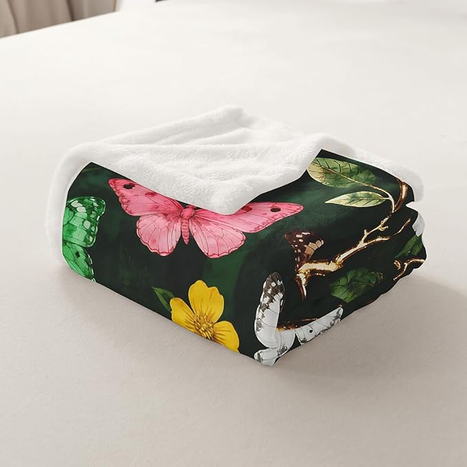 Feelyou Girls Butterfly Fleece Throw Blanket Twin 60"x80" Kids Botanical Leaves Sherpa Blanket Plush Fuzzy for Bed Couch Chair Living Room, Beautiful Flower Bed Blanket Green Room Decor