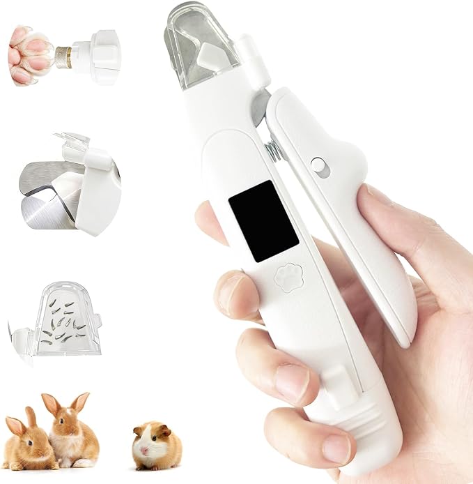 2-in-1 Guinea Pig & Rabbit Nail Grinder & Clipper - Rechargeable Electric Nail File Trimmer with LED Light, Quiet Low-Speed for Small Pets, Bunny - Safe No-Bleed Grooming Tool - White