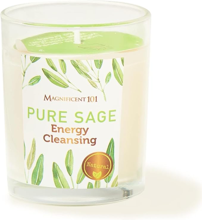 Magnificent 101 Pure Sage Energy Cleansing Aromatherapy Glass Candle for Meditation, Manifestation, and Intention-Setting - 6 oz Natural Soy Wax and Essential Oil | 56-Hour Burn Time