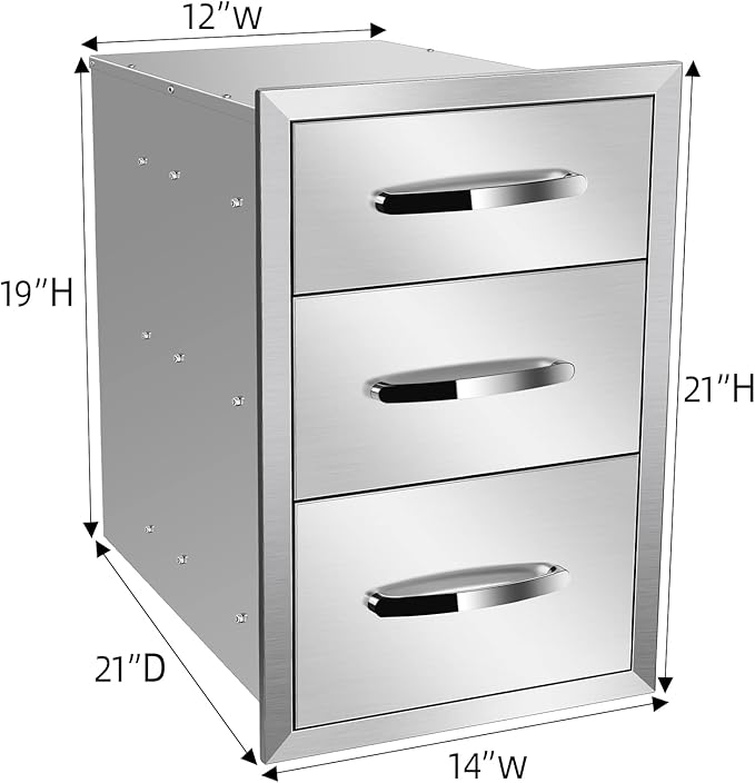 Outdoor Kitchen Drawers Stainless Steel 14W X 21H X 21D Inch, Flush Mount Triple BBQ Island Drawers with Handle for Outdoor Kitchens, Patio or Grill Station