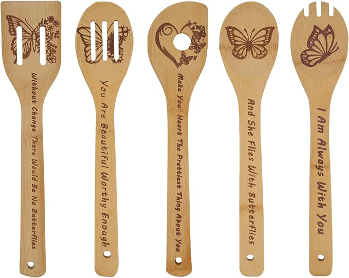 Butterfly Wooden Cooking Spoons Set of 5 Bamboo Cook Spoons | Butterfly Kitchen Decor Farmhouse Housewarming Wedding Mom Cooking House Closing Father's Day for Butterflies Lovers
