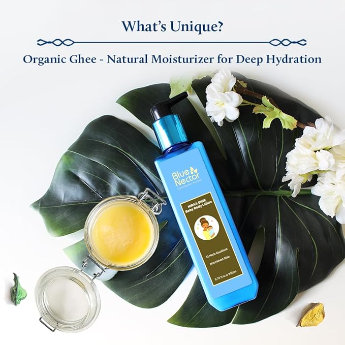 Blue Nectar Baby Lotion with Nourishing Organic Ghee, Body Butters and Ayurvedic Baby Oils Baby skincare | Infant Body lotion | Gentle moisturizer for Kids (12 Herbs,6.76 FlOz)