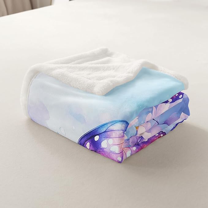 Feelyou Blue Butterfly Fleece Throw Blanket Throw 50"x60" Kids Girls Sherpa Blanket Plush Fuzzy for Bed Couch Chair Living Room, Floral Flower Bed Blanket Cute Watercolor Room Decor