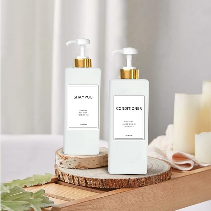 DIDROOM Modern Gold Shampoo and Conditioner Dispenser (21 oz,Pack of 3) Refillable Pump Bottle Set Empty Shower Plastic Bottles with for Bathroom Body Wash Soap Shower,3 Types Labels,Gold&white