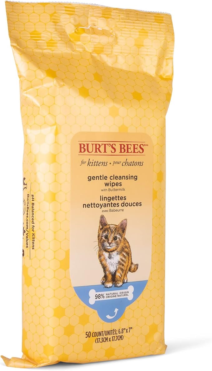 Burts Bees for Pets Kitten Grooming Wipes with Buttermilk, 50 Count | Waterless bath wipes clean face, paws, tail, and coat, gentle alternative to bathing for indoor cats