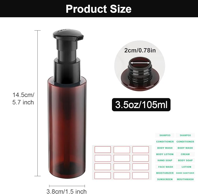 Cosywell Plastic Pump Bottles Dispenser Leak Proof 3.5oz/105ml 5 Pack Portable Empty Refillable Container Brown Plastic Lotion Pump Dispenser Bottle for Facial Cleansing Oil Shampoo Shower Gel