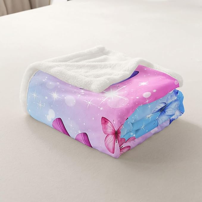 Feelyou Girls Butterfly Fleece Throw Blanket Queen 90"x90" Kids Pink Blue Glitter Print Sherpa Blanket Plush Fuzzy for Bed Couch Chair Living Room, Dreamy Girly Bed Blanket Princess Style Room Decor