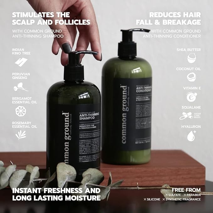 Common Ground Natural Anti Thinning Shampoo and Conditioner Set, Sulphate, Paraben & Cruelty Free, Vegan, Plant-Based, Bergamot, Rosemary Scent, Kino Tree & Ginseng DHT, All Hair, Men & Women