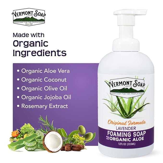 VERMONT SOAP Organic Lavender Foaming Hand Soap - Natural Moisturizing Soap for Dry Skin - Fragrance Free Liquid Bathroom Hand Soap Dispenser - Lavender - 12 oz