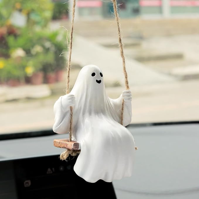 YGMONER Cute Swinging Ghost Car Mirror Hanging Ornament Halloween Car Interior Accessories (Ghost)