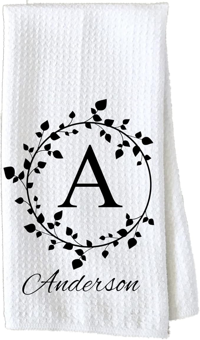 Personalized Kitchen Towel | Custom Tea Towel | Family Name Dish Towel | Kitchen Decor | Hand Towel | Housewarming Gift | Monogram Dishcloth (Wreath 2)