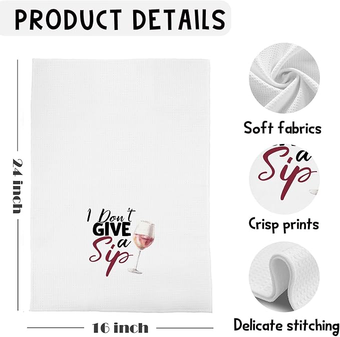 Funny Wine Kitchen Towels, Gifts for Wine Lovers Women Dish Tea Bar Towels for Kitchen Bar Cart Decor, I Don't Give A Sip Decorative Hand Towels, 16x24 Inches