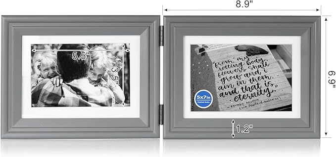 5x7 Double Horizontal Hinged Wood Picture Frame Folding Photo Frame with Real Glass Front in Gray for Tabletop, Display 4x6 with Mat or 5x7 without Mat X2-HUI-2H57