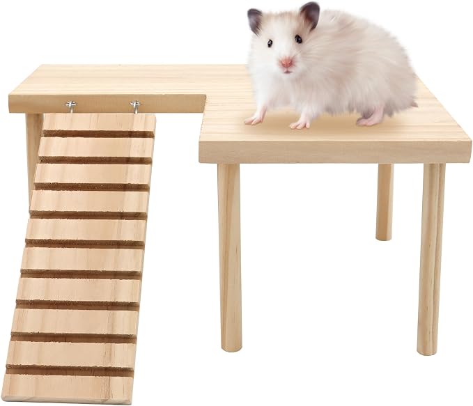 Hamster Wooden Platform with Legs, Large | Small Animal Climbing Ladder, Standing Rat Guinea Perch, Chew Toy, Cage Accessories