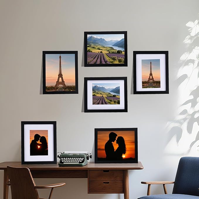 6 Pcs 8x10 Black Picture Frame - Display Pictures 5x7 with Mat or 8 x 10 without Mat - Black Wood Picture Frames for Wall Mounting - Wooden Photo Frame for 8 10 Matted to 5x7 Print Set of 6