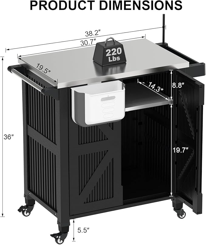 Outdoor Grill Cart with Storage Cabinet, Movable Kitchen Island with Stainless Steel Countertop, 4 Swivel Wheels, PP Material Rolling BBQ Food Prep Table Cart for Patio, Poolside, Black