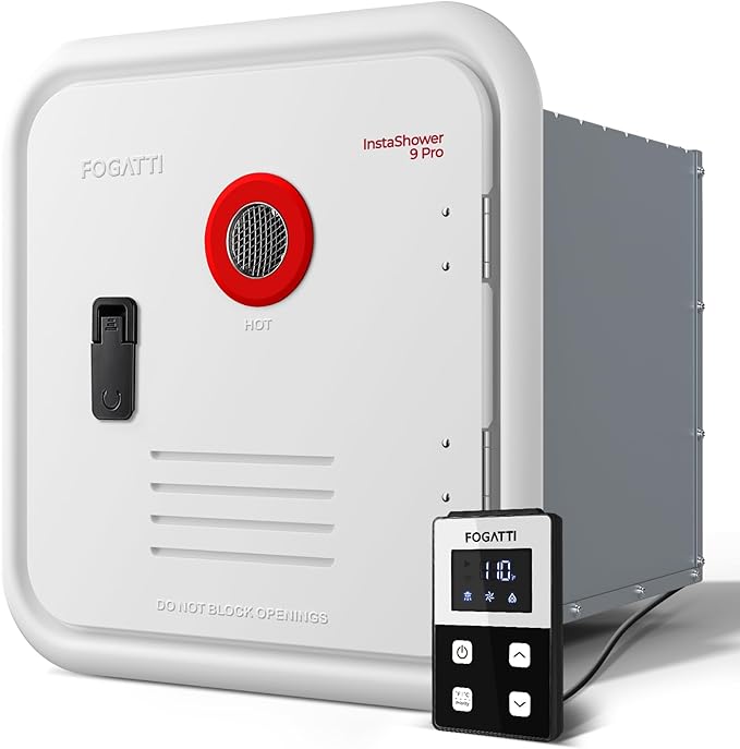 FOGATTI InstaShower 9 Pro RV Tankless Water Heater, 66,000 BTU (Highest Output), Built-in Mixing Tank, 15x15 Inches White Door, Remote Controller, Ideal for RVers' Everyday Use, Gen 3
