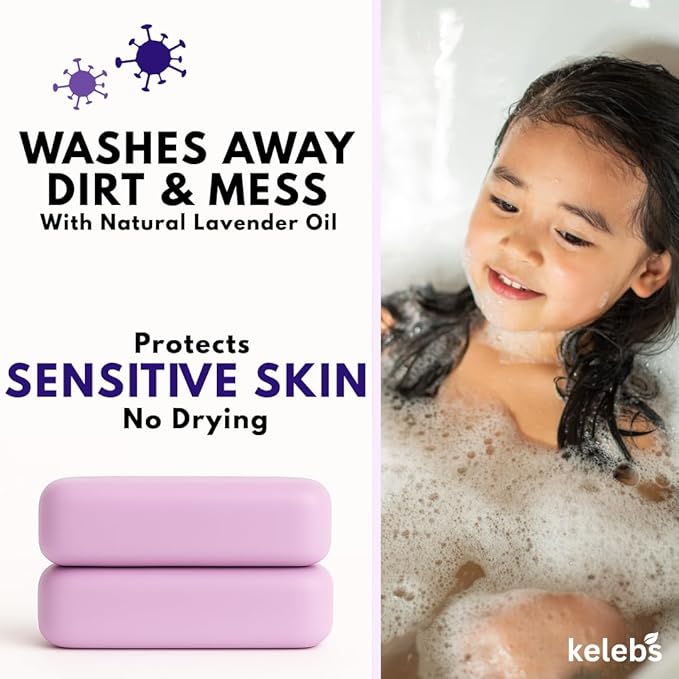 KELEBS Hypoallergenic Kids Soap Bar 2-Pack - Organic & Gentle Lavender Oil Body Wash for Children - Natural Ingredients, Fun Bath Time