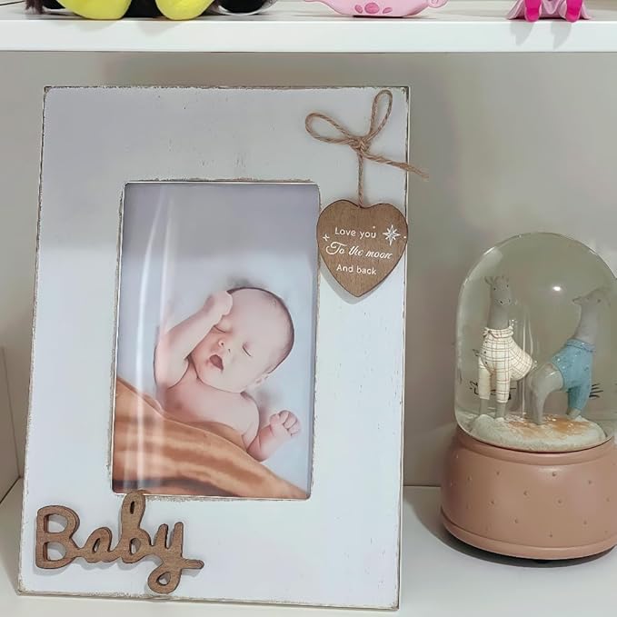 Baby Picture Frame 4x6 White Vertical Holds A Woven Heart Saying Love You to The Moon and Back,Gift for Baby Birthday and Newborn