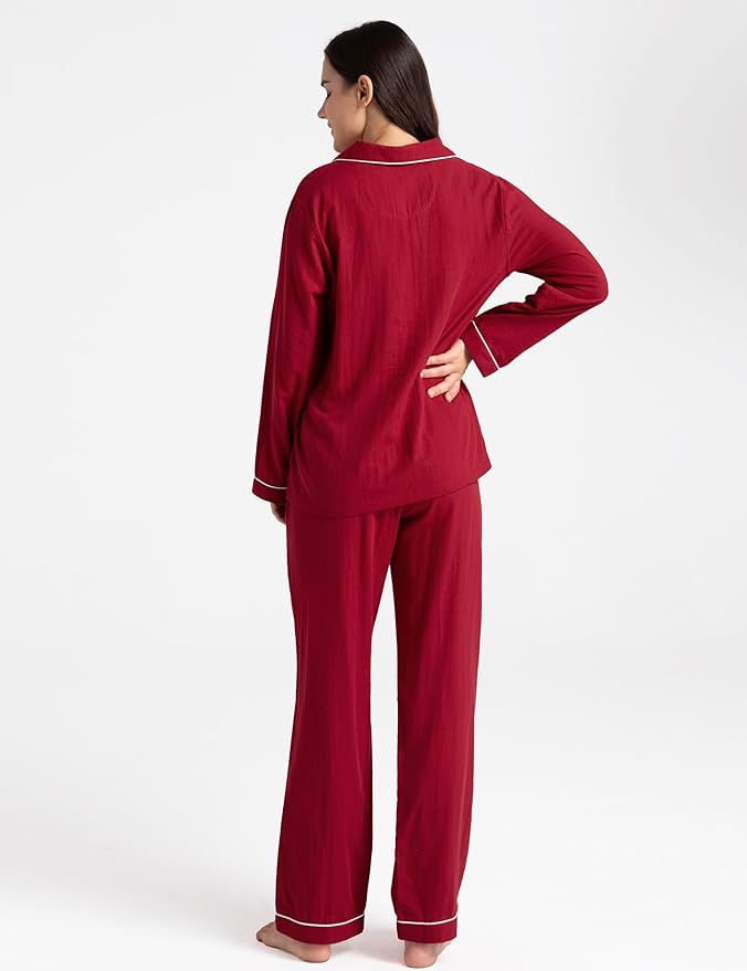 Womens Pajama Sets 100% Double Gauze Cotton Linen Like Muslin Pajamas Long Sleeve Button Down Sleepwear Soft Pjs Lounge Set