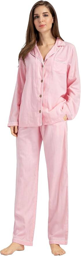 Womens Pajama Sets 100% Double Gauze Cotton Linen Like Muslin Pajamas Long Sleeve Button Down Sleepwear Soft Pjs Lounge Set