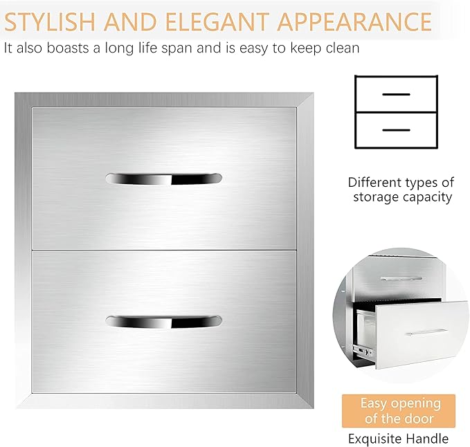 Outdoor Kitchen Drawers Stainless Steel 18W X 15H X 23D Inch, Flush Mount Double BBQ Island Drawers with Handle for Outdoor Kitchens, Patio or Grill Station